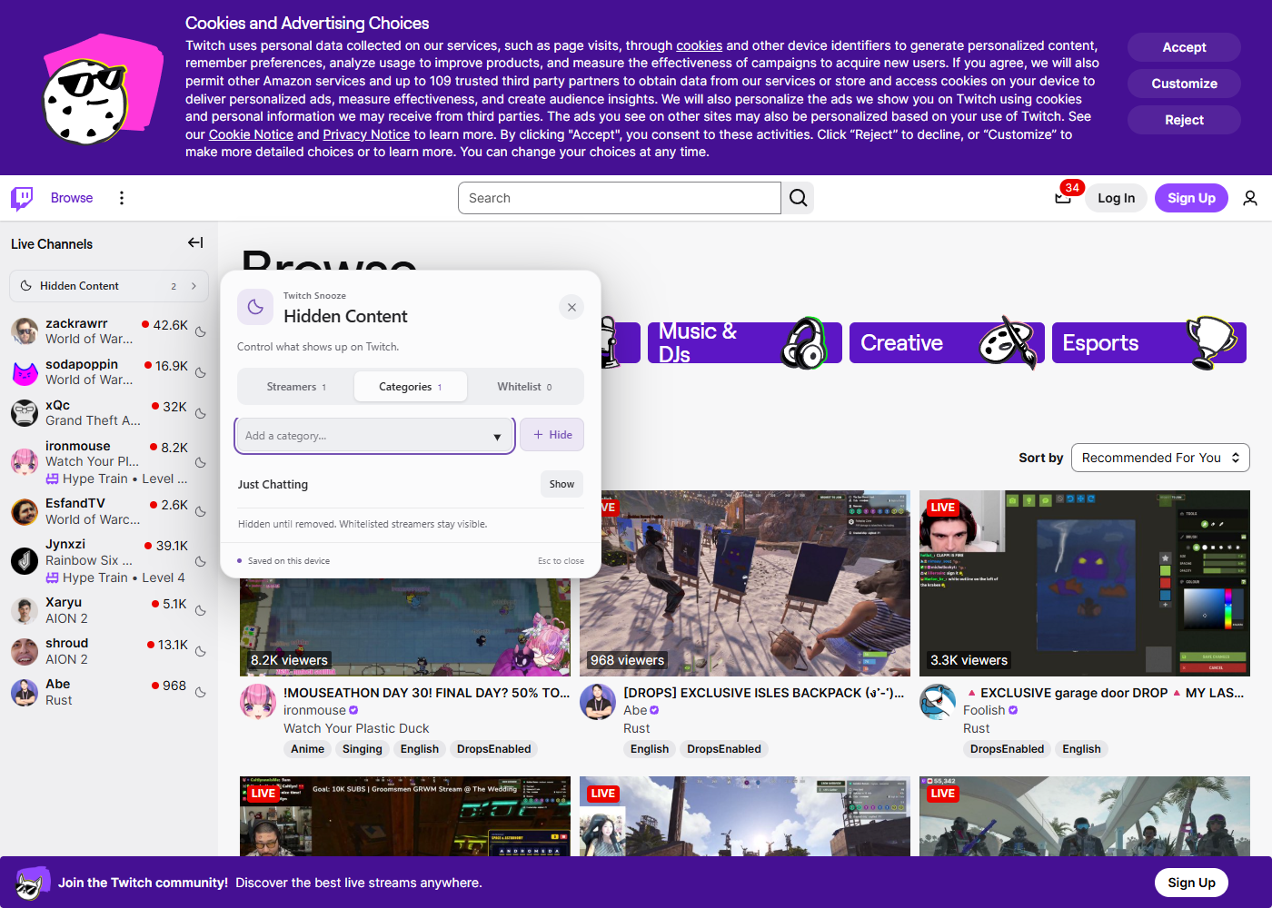 Hidden Content on Twitch with Just Chatting hidden and live stream cards visible