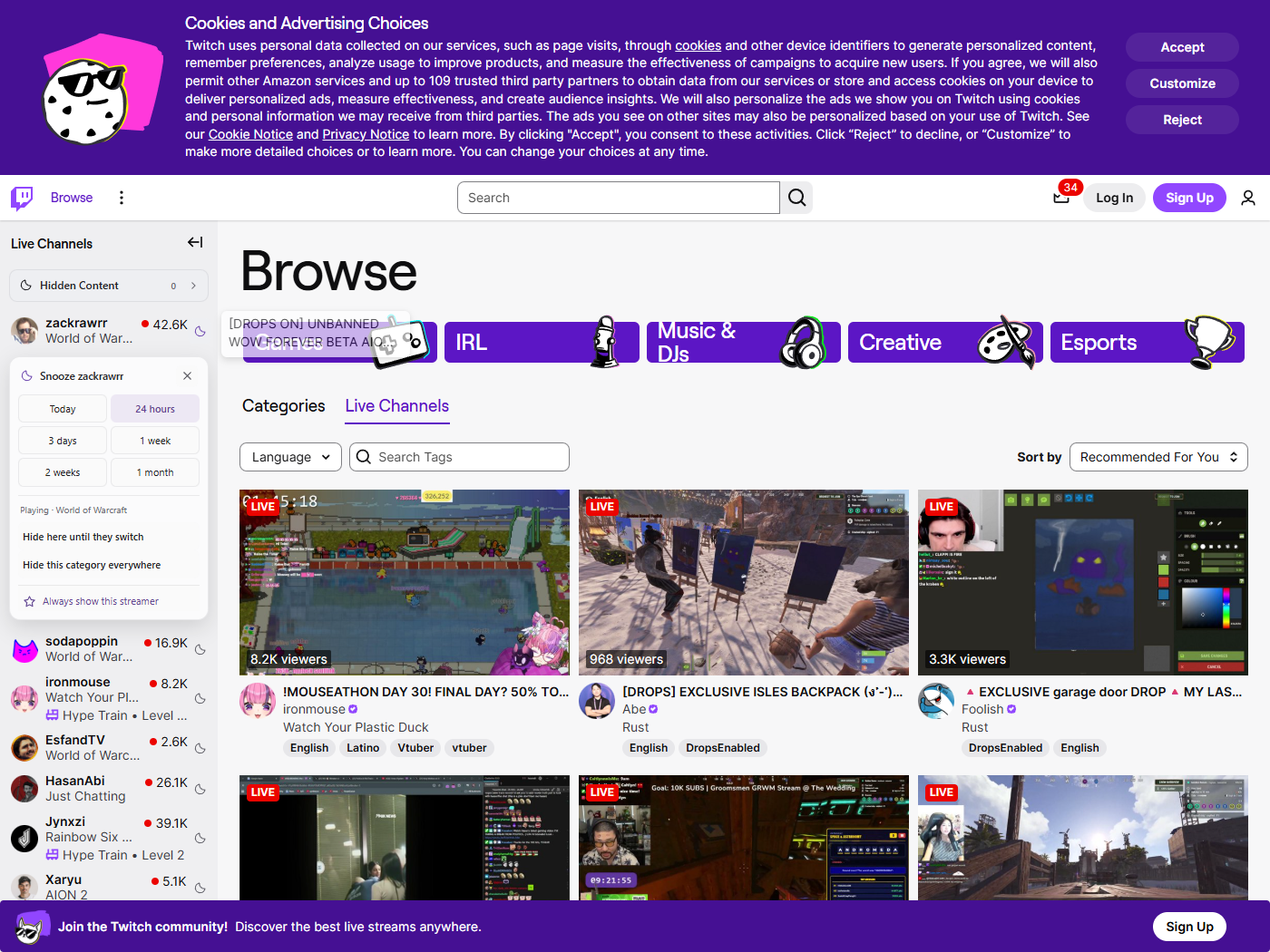 Twitch Snooze menu beside zackrawrr on the actual Twitch sidebar
